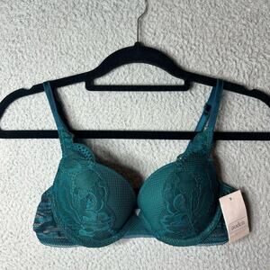 Auden Bra‎ Womens 32B Teal Green Plunge Coverage Push Up Sexy Lace Bra NEW